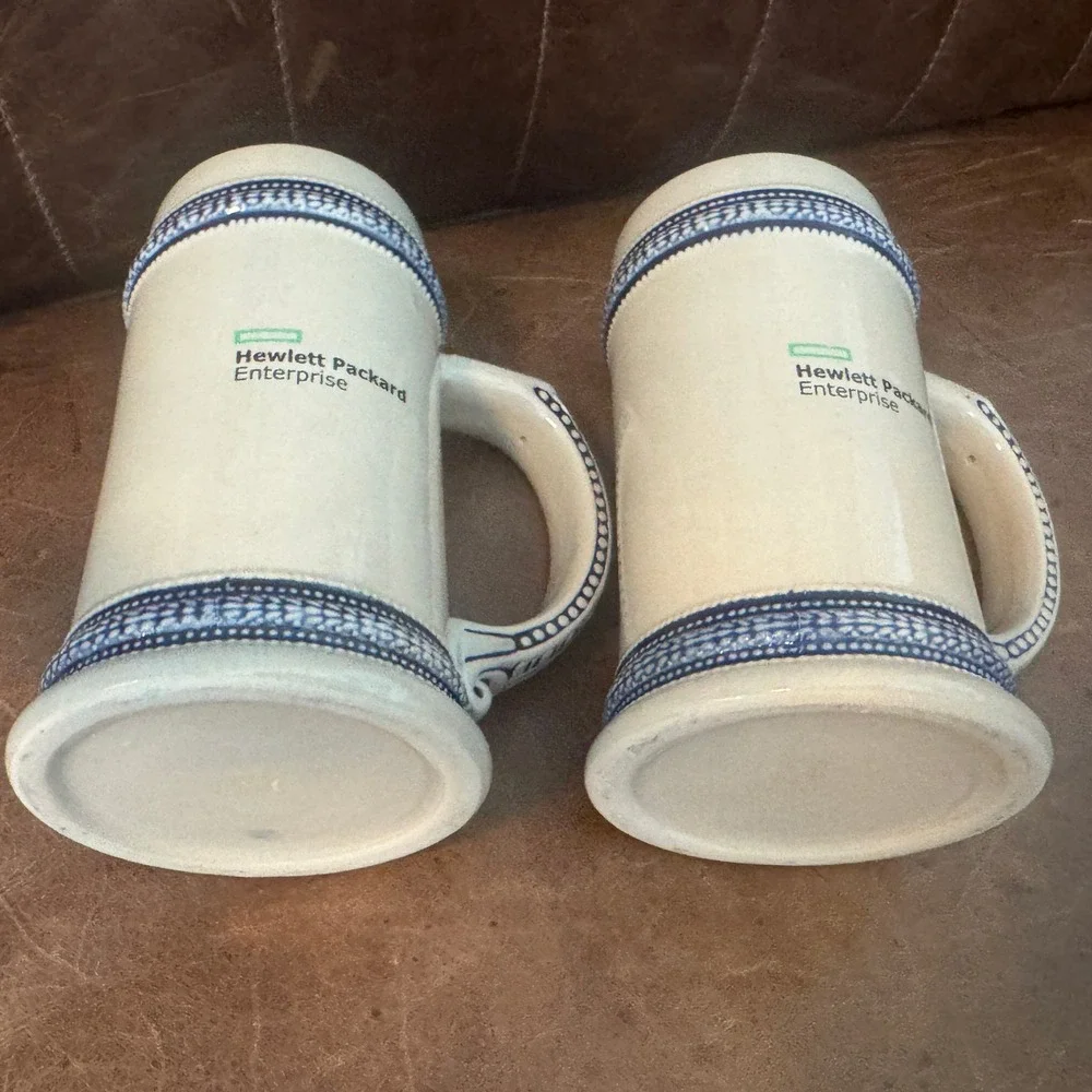 Hewlett Packard Enterprise HPE Beer Stein Mug Set of 2 Blue Beige Stoneware‎